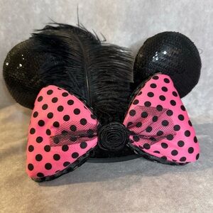 Disney Parks | Minnie Mouse Ears Hat Pink/Black Polka Dot Bows Feather Sequins